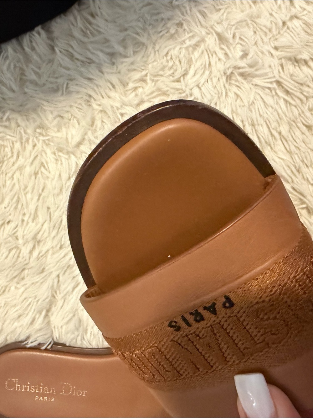 Dior Tan Leather and Fabric Logo Slide Sandals - Picture 4 of 6